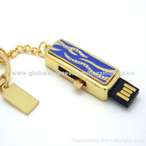 Diamond Push-pull USB Flash Drive, 512MB-32GB Capacity, Metal + Diamond Material, USB 2.0